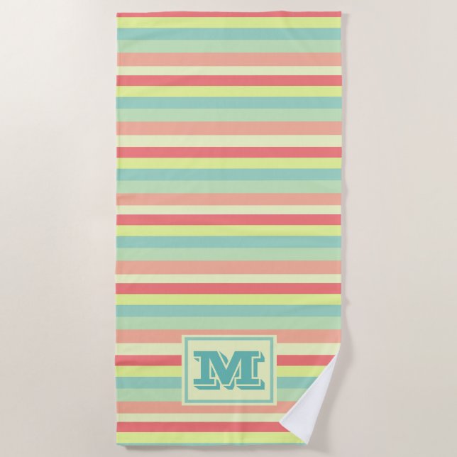 Colourful Bright Stripes Modern Monogram Beach Towel (Front)