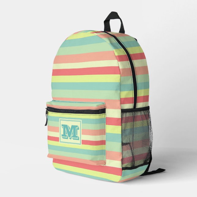 Colourful Bright Stripes Modern Monogram Printed Backpack (Back Corner Right)