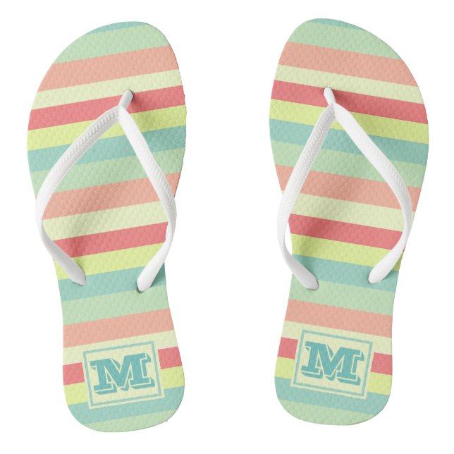 Colourful Bright Stripes Modern Monogram Thongs (Footbed)