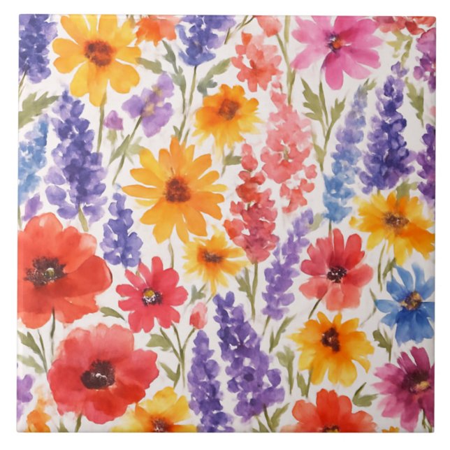 colourful Bright Summer floral Garden bloom Ceramic Tile (Front)