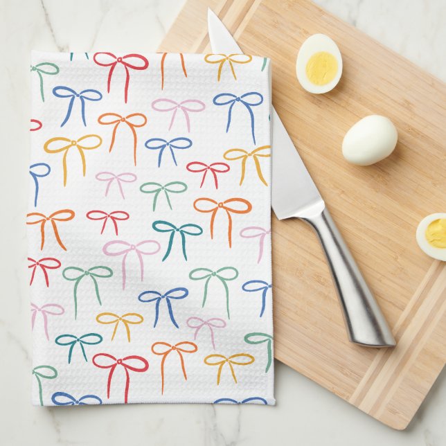 Colourful Brights Simple Bow Doodle Pattern Tea Towel (Quarter Fold)