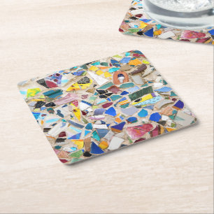 Colourful broken pottery wall picture very unusual square paper coaster