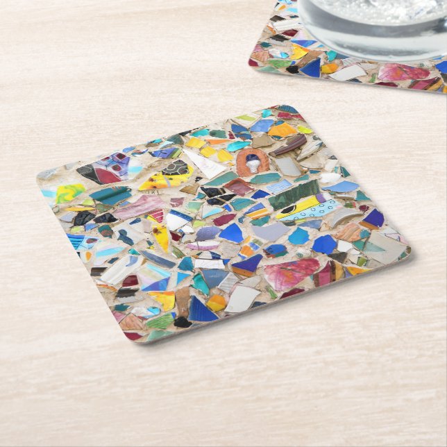 Colourful broken pottery wall picture very unusual square paper coaster (Angled)