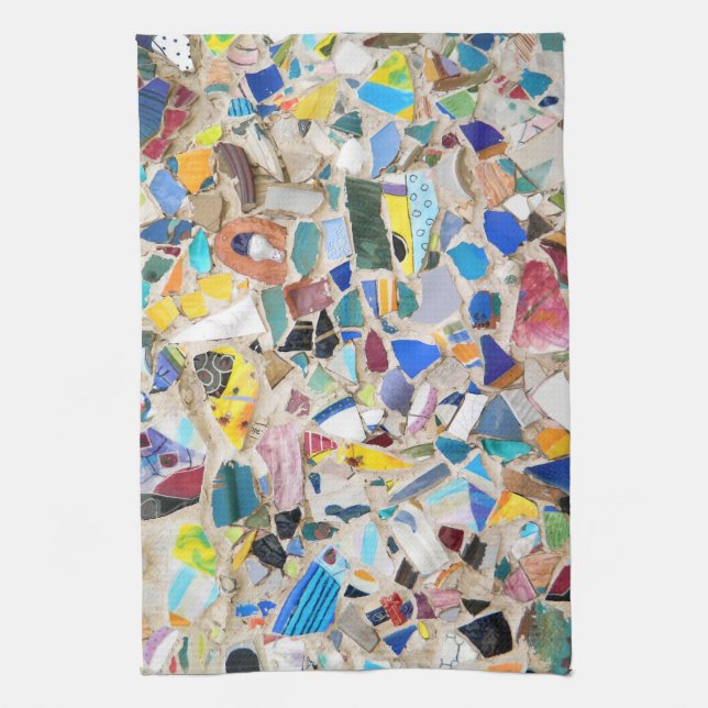 Colourful broken pottery wall picture very unusual tea towel (Vertical)