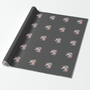 Colourful Brown Background Floral Unicorn Wrapping Paper