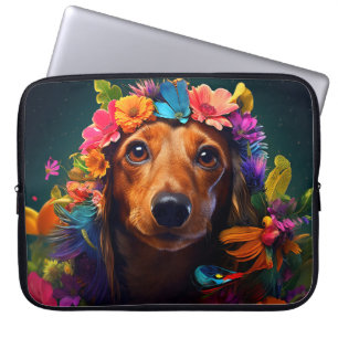 Colourful Brown Dog with Floral Wreath Laptop Sleeve