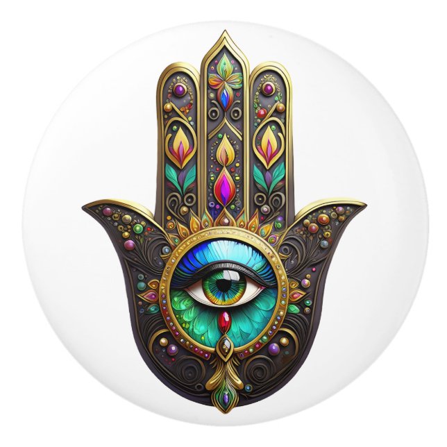 Colourful Brown Gold Hamsa Rainbow Colour Third Ey Ceramic Knob (Front)