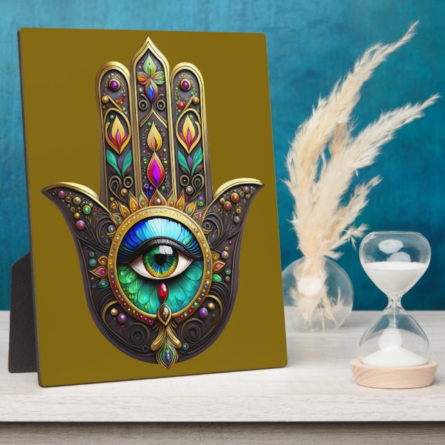 Colourful Brown Gold Hamsa Rainbow Colour Third Ey Plaque (Side)