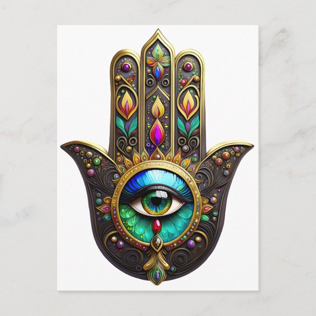 Colourful Brown Gold Hamsa Rainbow Colour Third Ey Postcard (Front)