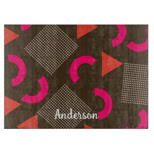 Colourful Brown Orange Geometric Personalised Name Cutting Board (Front)