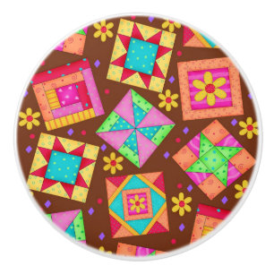 Colourful Brown Quilt Patchwork Block Art Ceramic Knob