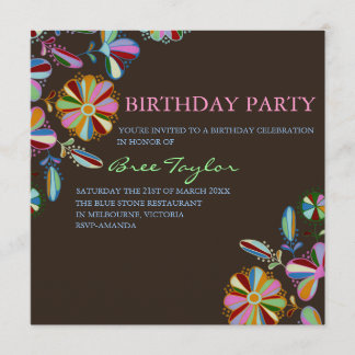 Colourful Brown Retro Flower Birthday Invite