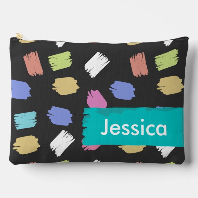 Colourful Brush Strokes on Black Personalised Accessory Pouch (Front)