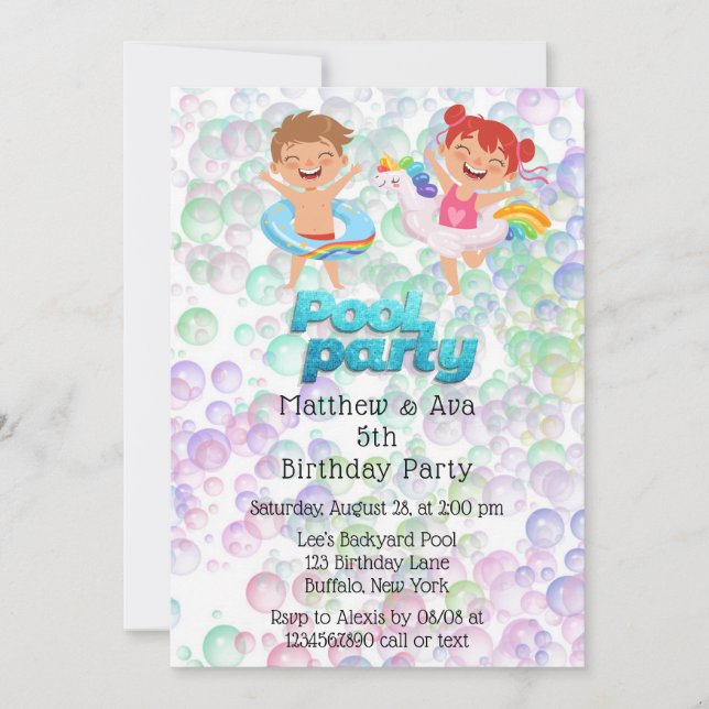 Colourful Bubbles Pool Party Birthday Party Twins Invitation (Front)