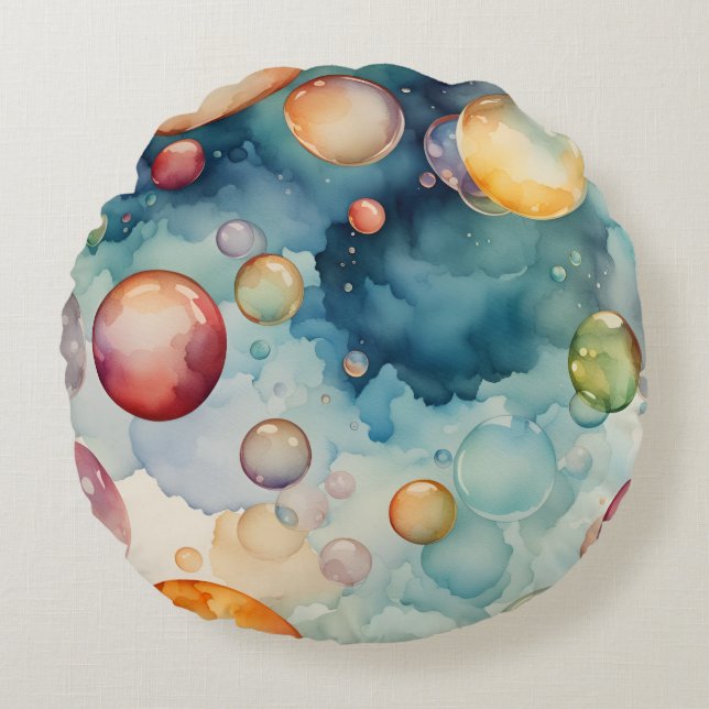 Colourful Bubbles Watercolor Art  Round Cushion (Front)