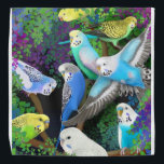 Colourful Budgerigar Parrots in Ferns Bandanna<br><div class="desc">Original fine art design of colourful budgie or Budgerigar parrots in ferns by artist Carolyn McFann of Two Purring Cats Studio printed on a quality bandanna for parrot lovers.</div>