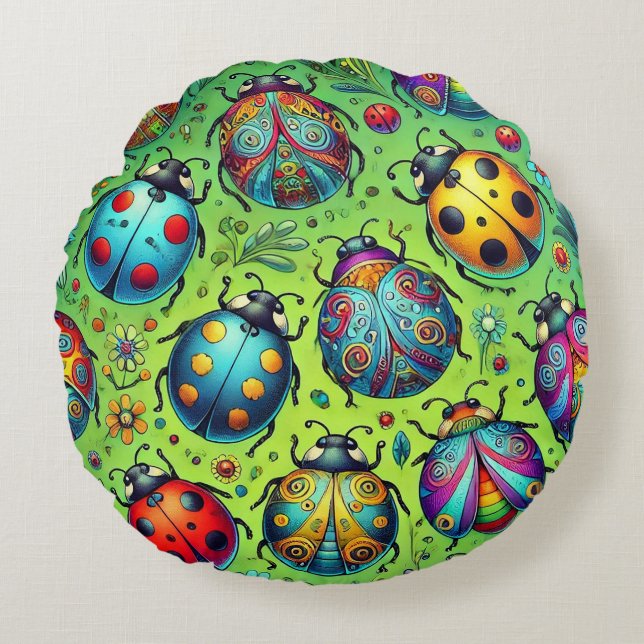 Colourful bugs round cushion (Front)