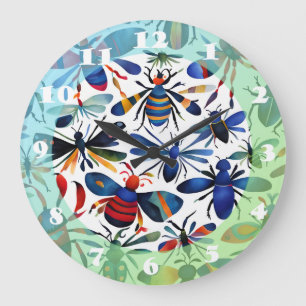 Colourful Bugs Whimsical Insects Art Large Clock