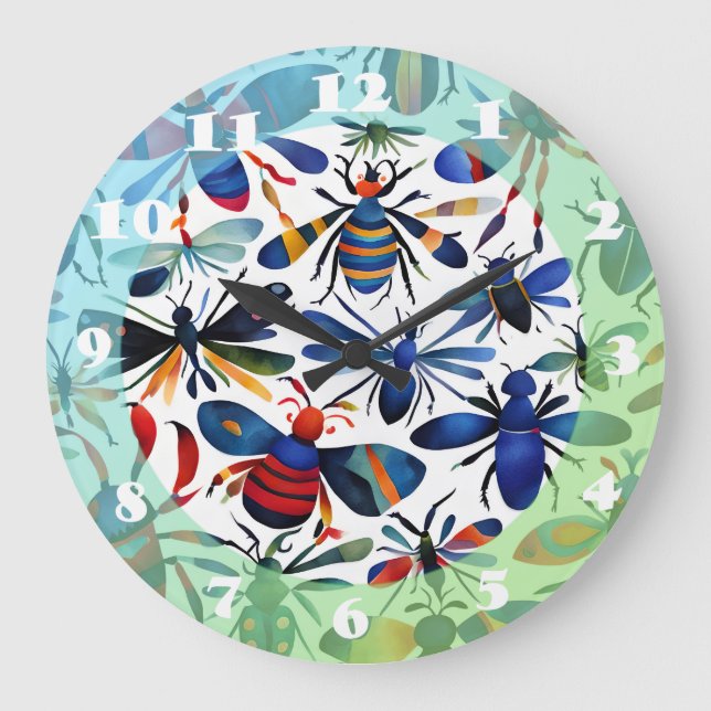 Colourful Bugs Whimsical Insects Art  Large Clock (Front)