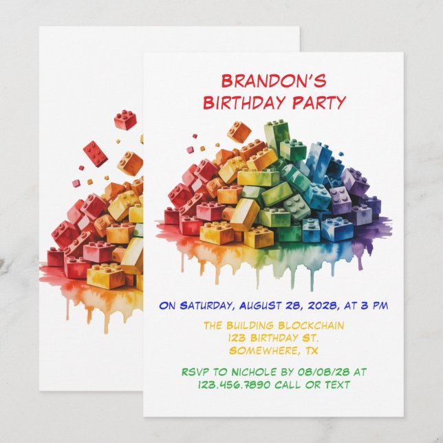 Colourful Building Blocks Boy Birthday Party  Invitation (Front/Back)