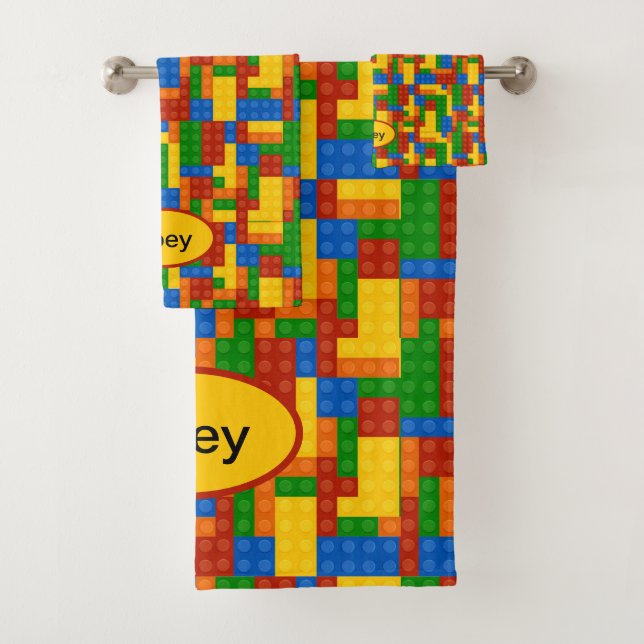 Colourful Building Bricks Kids Personalised Bath Towel Set (Insitu)