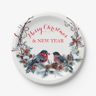 Colourful Bullfinches Wreath - Merry Christmas Paper Plate