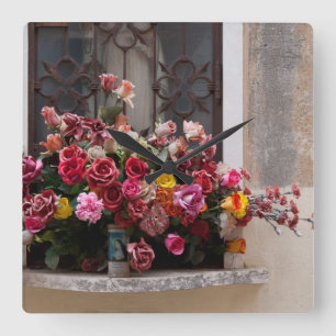 Colourful Bunch Of Plastic Roses Square Wall Clock