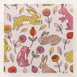 Colourful Bunnies: Cute Floral Vintage. Glass Coaster