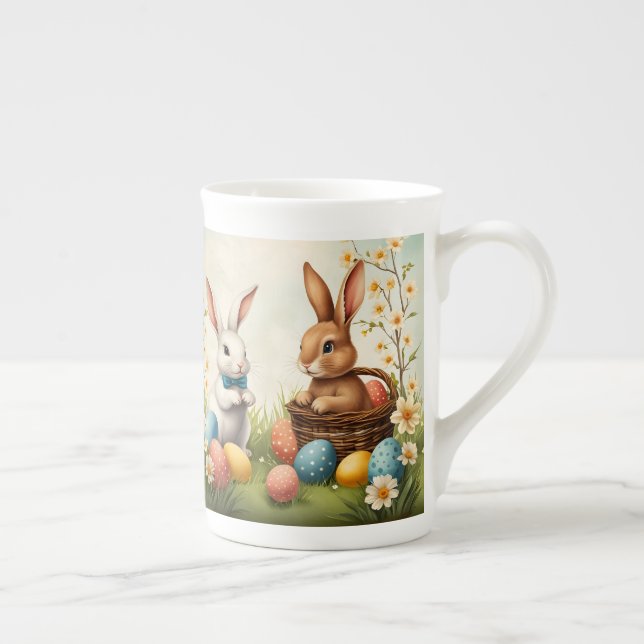 Colourful Bunnies Easter Eggs & Flowers Bone China Mug (Right)