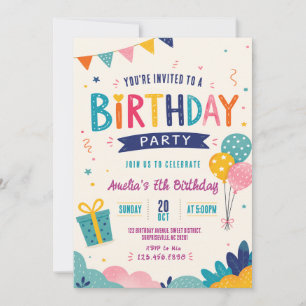 Colourful Bunting Balloons Kids Birthday Invitation