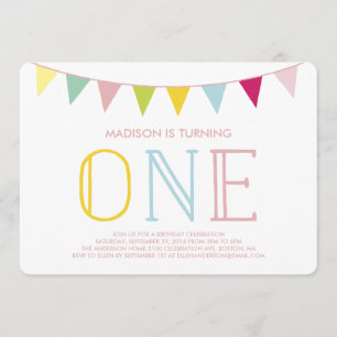 Colourful Bunting   First Birthday Invitation