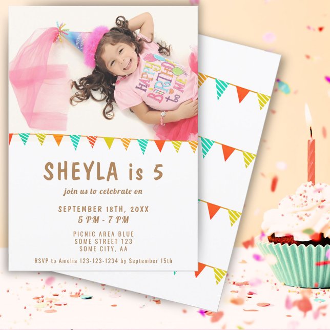 Colourful Bunting Flag Girl Birthday Party Photo Invitation (Creator Uploaded)