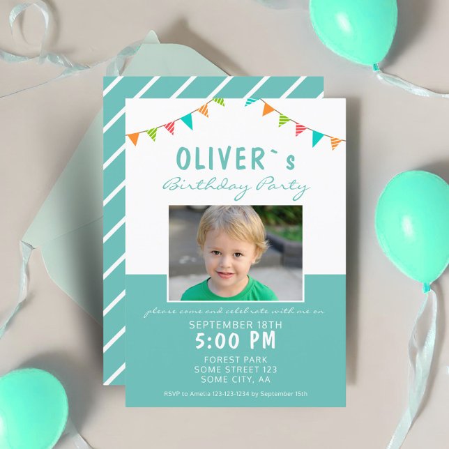 Colourful Bunting Flags Blue Photo Birthday Party Invitation (Creator Uploaded)