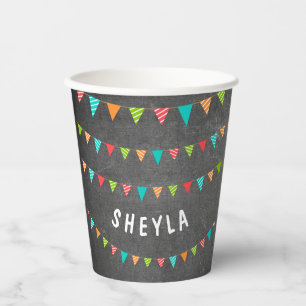 Colourful Bunting Flags Chalkboard Kids Birthday Paper Cups