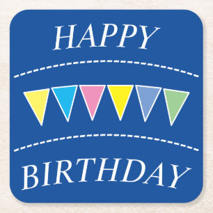 Colourful Bunting Happy Birthday Square Paper Coaster