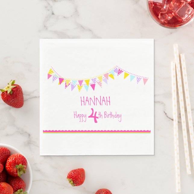 Colourful bunting kids 4th birthday name napkins (Insitu)
