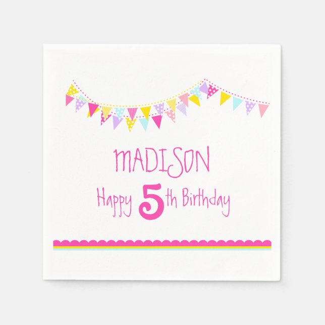 Colourful bunting kids 5th birthday name napkins (Front)