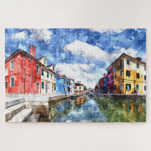 Colourful Burano Island In Venice Watercolor Art Jigsaw Puzzle