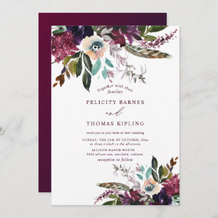 Colourful Burgundy Watercolor Floral White Wedding Invitation
