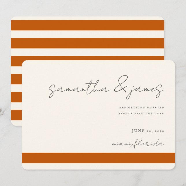 Colourful Burnt Orange Stripes Handwritten Script Save The Date (Front/Back)