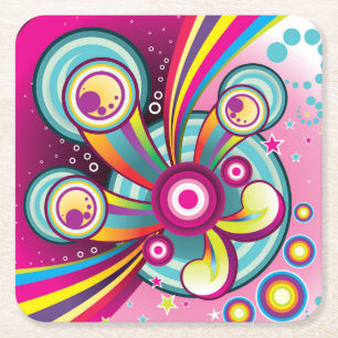 Colourful Bursting Rainbow, Bubbles and Stars Square Paper Coaster
