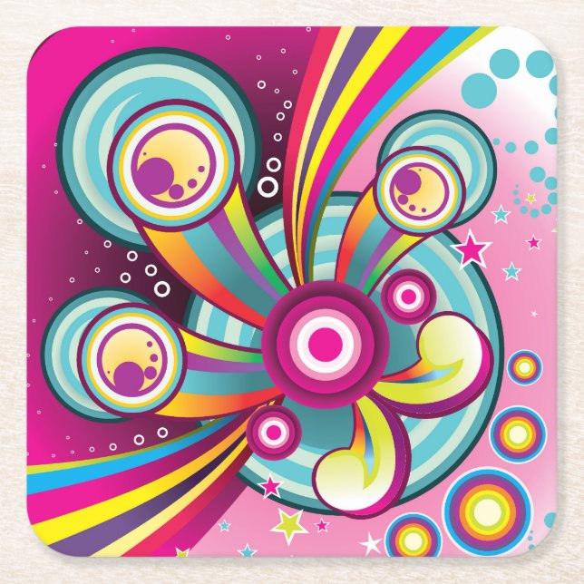 Colourful Bursting Rainbow, Bubbles and Stars Square Paper Coaster (Front)