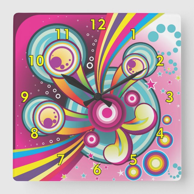 Colourful Bursting Rainbow, Bubbles and Stars Square Wall Clock (Front)