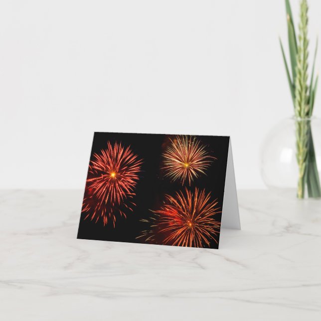 Colourful bursts of fireworks trio against black s thank you card (Front)