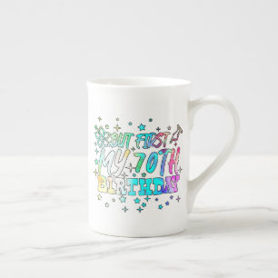 colourful but first my 70th birthday stripes text bone china mug