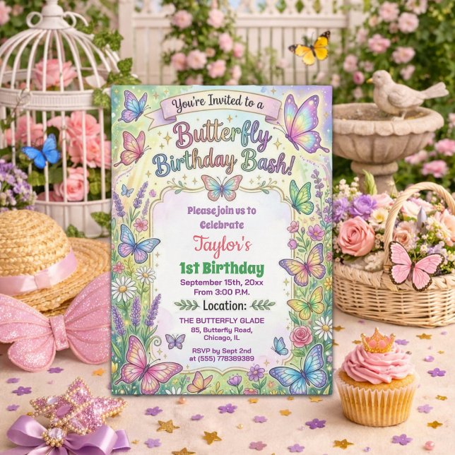 Colourful Butterflies 1st Birthday Bash Invitation (Creator Uploaded)
