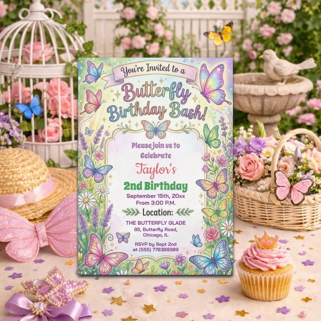 Colourful Butterflies 2nd Birthday Bash Invitation (Creator Uploaded)