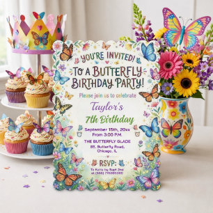 Colourful Butterflies 7th Birthday Party Invitatio Invitation