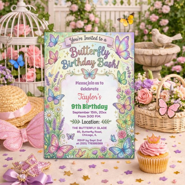 Colourful Butterflies 9th Birthday Bash Invitation (Creator Uploaded)