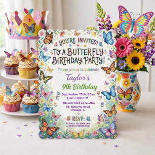 Colourful Butterflies 9th Birthday Party Invitatio Invitation